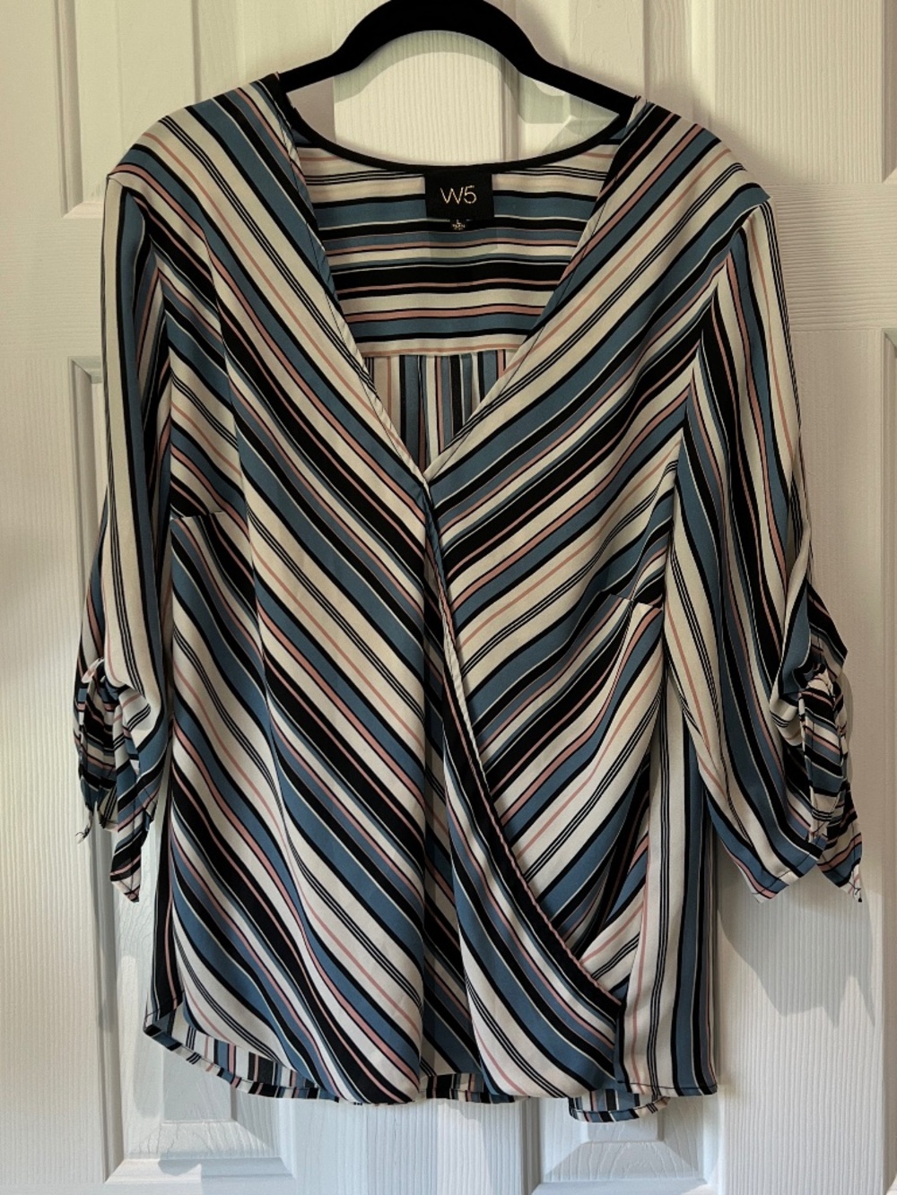Anthropologie W5 Top Womens Large Striped Surplice Front Faux Wrap Tie Sleeve